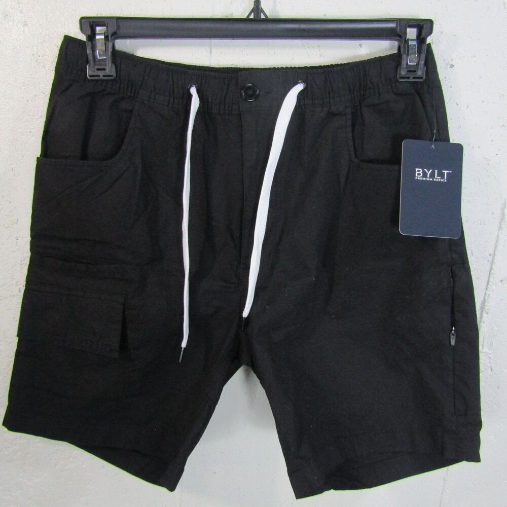 BYLT Premium Basics Men's M Black Cotton Blend Cargo Athletic Shorts Drawstring